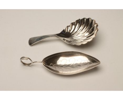 A LATE GEORGE III SILVER CADDY SPOON, maker's mark mis-struck, London 1796, the leaf shaped bowl with wriggle and prick work 