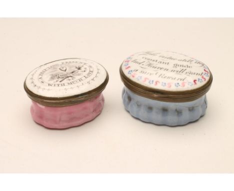 TWO ENGLISH ENAMEL PATCH BOXES, late 18th century, each of oval form, the pink example printed in black with "A Trifling Pres