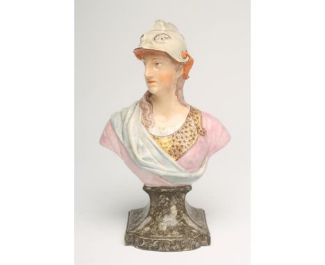 A STAFFORDSHIRE PEARLWARE BUST OF MINERVA, early 19th century, wearing a helmet (lacks plume), brown and ochre breastplate ov