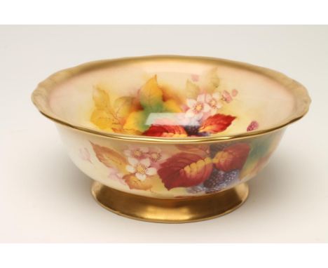 A ROYAL WORCESTER CHINA BOWL, 1938, of circular form with shaped everted rim, painted in typical palette by Kitty Blake with 