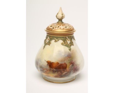 A ROYAL WORCESTER CHINA POT POURRI AND PIERCED COVER, 1912, of lobed tapering cylindrical form, painted in polychrome enamels