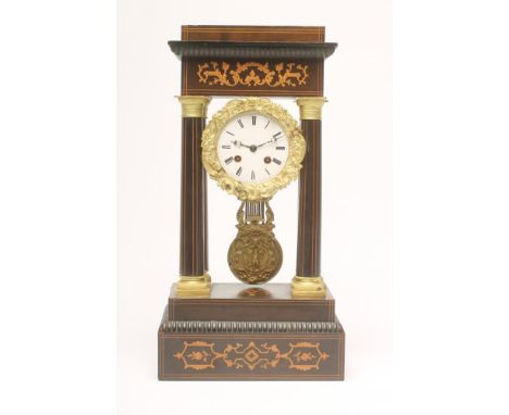 A FRENCH EBONISED AND MARQUETRY FOUR PILLAR PORTICO CLOCK, the twin barrel movement with outside count wheel striking on a be