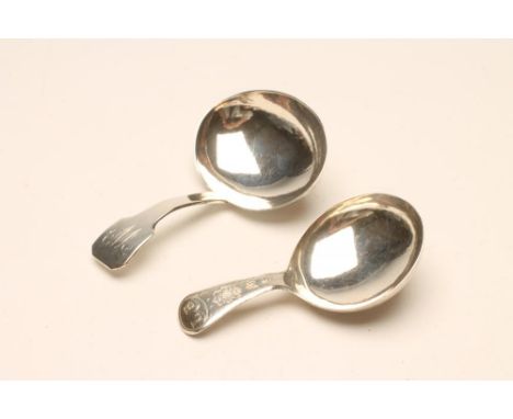 A GEORGE III SILVER CADDY SPOON, maker Joseph Taylor, Birmingham 1790, in Fiddle pattern with oval bowl, engraved "W", 3" lon