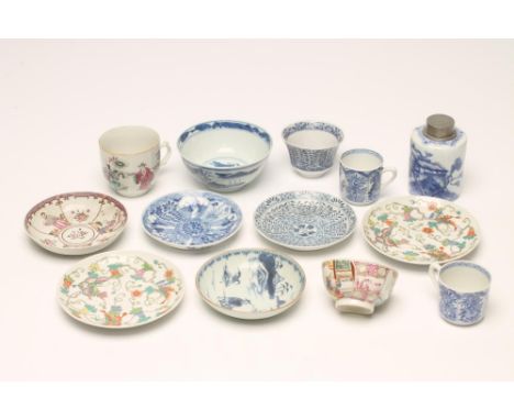 A COLLECTION OF CHINESE PORCELAIN TEA WARES, comprising a tea bowl painted in polychrome enamels with a European gentleman ho