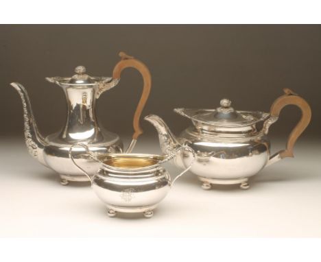 A COMPOSITE SILVER THREE PIECE PART TEA AND COFFEE SERVICE, maker probably Fattorini & Sons, Sheffield 1912 (coffee pot) and 
