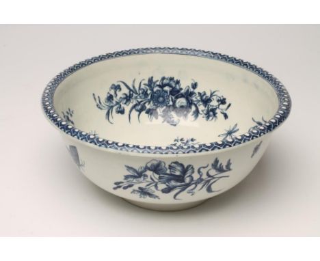 A FIRST PERIOD WORCESTER "PINECONE" PATTERN PORCELAIN BASIN, c.1775, of circular form with folded rim, printed in underglaze 