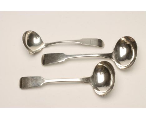 A WILLIAM IV IRISH SILVER SAUCE LADLE, maker James Keating, Dublin 1834, in Fiddle pattern, engraved with a stag armorial, 5 
