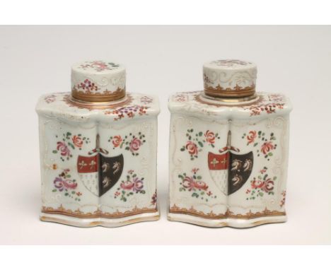 A PAIR OF SAMSON PORCELAIN ARMORIAL TEA CANISTERS AND COVERS, late 19th century, copying 18th century Chinese export examples