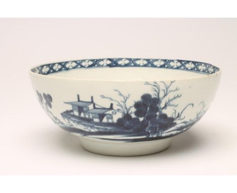 A FIRST PERIOD WORCESTER "PRECIPICE" PATTERN PORCELAIN BOWL, c.1770, painted in underglaze blue, open crescent, 8" diameter (