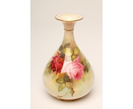 A ROYAL WORCESTER CHINA VASE, 1914, of rounded conical form, painted in polychrome enamels by A. Shuck with full blown pink a