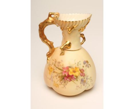 A ROYAL WORCESTER CHINA "TWIG" HANDLED JUG, 1908, of lobed form, painted in polychrome enamels with loose sprays of flowers o