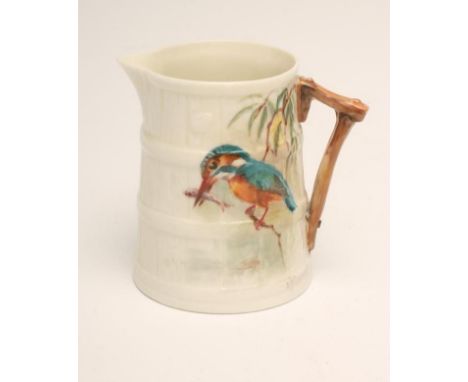 A ROYAL WORCESTER CHINA SMALL JUG, 1937, the staved 'wood' rustic ewer painted in polychrome enamels by Powell with a Kingfis