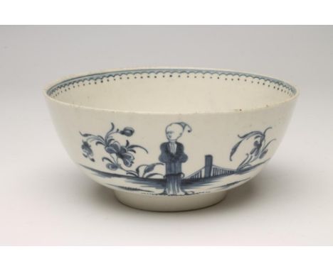 A FIRST PERIOD WORCESTER "WAITING CHINAMAN" PATTERN PORCELAIN BOWL, c.1775, painted in underglaze blue, open crescent, 6 1/4"