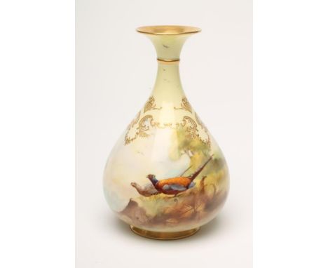 A ROYAL WORCESTER CHINA HADLEY WARE VASE, 1905, of rounded conical form with flared rim, painted in polychrome enamels with a