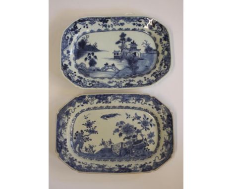 TWO CHINESE EXPORT PORCELAIN STANDS, late 18th century, of canted oblong form painted in underglaze blue with a ho-ho bird fl