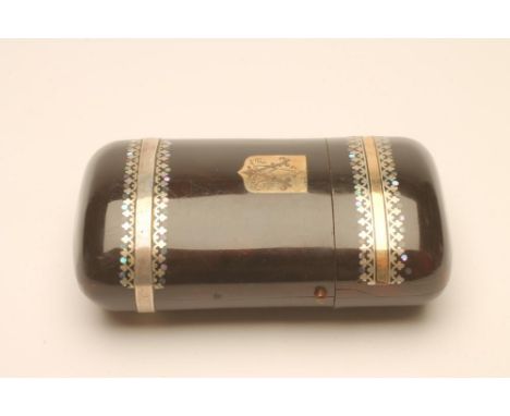 A VICTORIAN TORTOISESHELL CIGARETTE CASE of oval section, with inset gold plated shield engraved "VA" within plate and abalon