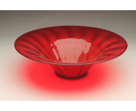 A POWELL'S FOR WHITEFRIARS LARGE RUBY GLASS BOWL, mid 20th century, of flared circular form, 16" diameter, original label, 4 