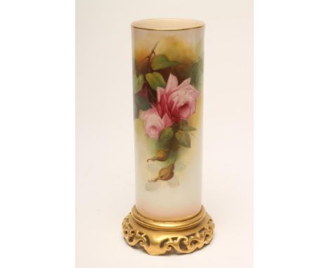 A ROYAL WORCESTER CHINA SLEEVE VASE, 1920, raised upon a scroll pierced base, painted with full blown pink and crimson roses 