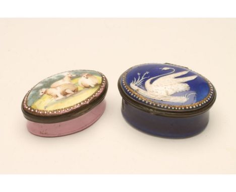 AN ENGLISH ENAMEL PATCH BOX, late 18th century, of eliptical form, the cover painted with three sheep in landscape within a w