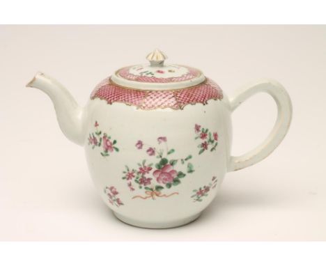 A CHINESE EXPORT PORCELAIN TEAPOT, of rounded form with panelled handle and spout, painted in famille rose enamels with scatt