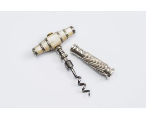 A POCKET CORKSCREW, late 18th century, the barrel turned handle with ribbed silver mounts, fixed steel screw with wrythen flu