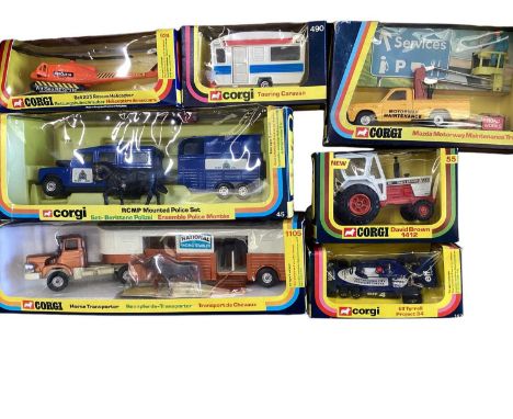 Diecast Corgi boxed selection to include RCMP Mounted Police Set 45, Horse Transporter No.115, Mazda Motorway Maintenance Tru