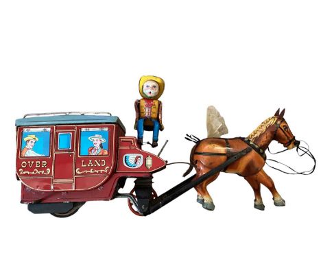 Tinplate Cragstan Overland Stage Coach battery operated, Peter Pan Automatic chocolate machine, Two Performing Monkiees and s