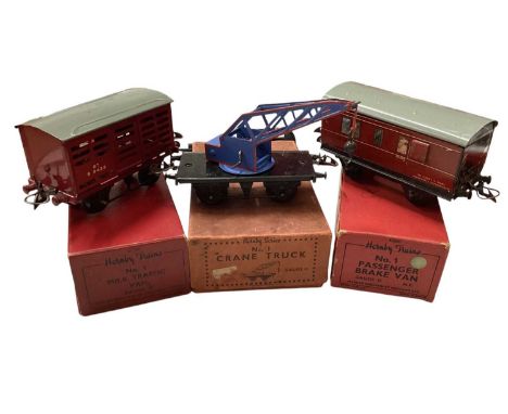 Hornby O Gauge boxed rolling stock including No.1 Crane Truck, No.1 Milk Traffic Van, No.1 Passenger Brake Van No.41 Passenge