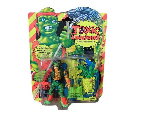 Playmates Toxic Crusaders (c1990) Toxie No.2001, Headbanger No.2002 &amp; Major Disaster No.2033, on card with bubblepack, pl