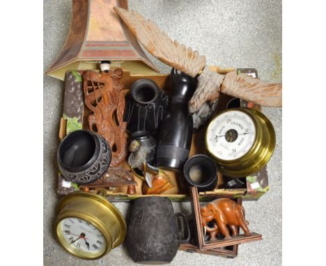 Boxes and Objects - a Treen model of an eagle; a pair of carved elephant bookends; a brass ships wall barometer; North Americ