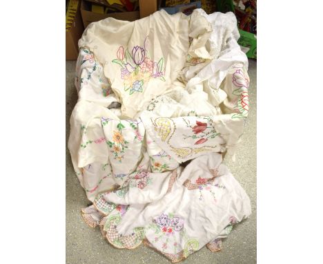 Textiles - Lace edged and hand embroided linen tablecloths with English country garden flowers; madeira; crinoline lady