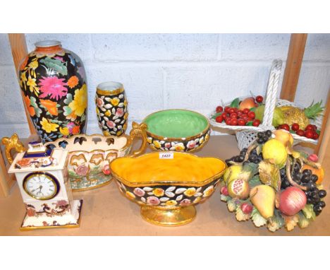 Ceramics - A Mason`s Blue Mandalay mantle clock, gold back stamp ; a continental basket of fruit; another; other ceramics.