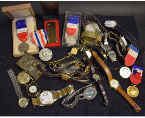 Watches and Horology - rolled gold lady's wristwatch; others, various; French silver medal; others; lighter; etc.