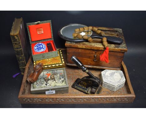 Boxes and Objects - A Victorian press; an oak box; a carved tray; an Ebony dressing table mirror; a plated playing card box w