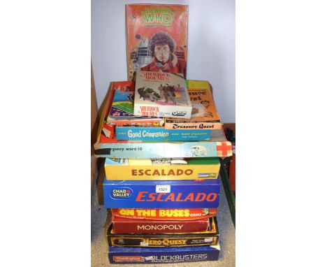 Board Games - a Dr Who game, c.1970's; other board games, including Denys Fisher On The Buses; Escalado; Monopoly; Sherlock H