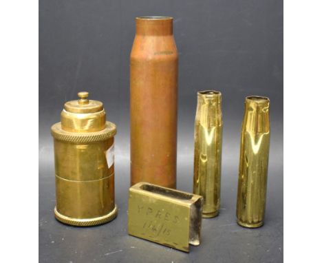 A Trench Art shell lighter; Ypres 1/4/15 matchbox case; 30mm shell case; two 20mm MK2 shell cases