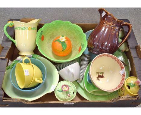 A Carltonware marmalade pot and cover; others; a floral and leaf cruet set;  Poole cups and saucers;  Beswick cabbage leaf bo