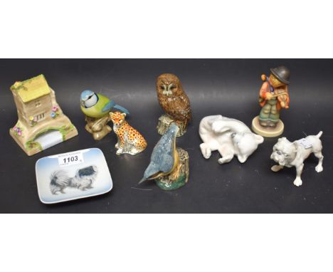 A Royal Crown Derby paperweight Cheetah Cub, gold stopper; a Royal Copenhagen polar bear model;others; a Bull Dog ; a Pekingn