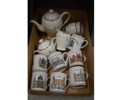 A Denby commemorative mug Royal Wedding 1981; other Denby souvenir mugs, Brighton Pavillion, Hampton Court, Saint Paul's, etc