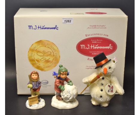 A Goebel Hummel figure group, Frosty friends,with Steiff snowman, limited edition, certificate and boxed