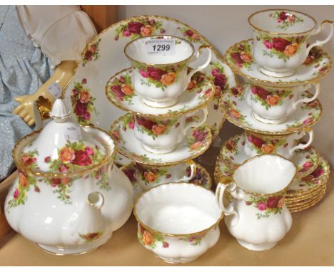 A Royal Albert Old Country Rose pattern six setting tea service, comprising Teapot, milk jug, sugar bowl, cups, saucers etc, 