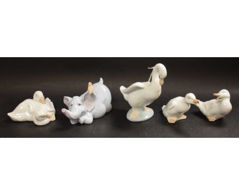 A Nao pottery model, Goose Standing; others Ducks, Doves, Elephant, printed and impressed marks (5)
