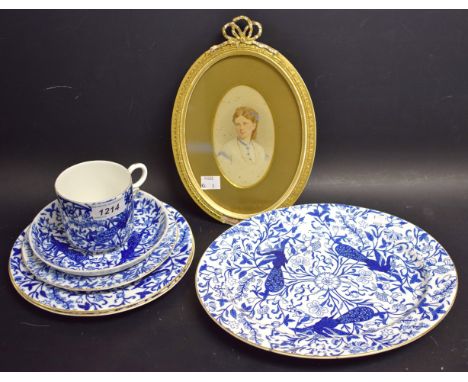 A Derby Crown Porcelain Company tea cup and saucer, transfer printed in the Aesthetic Movement taste in blue, c.1890; other p