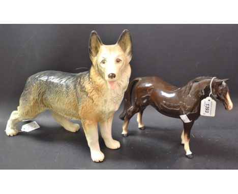 A Melba ware model, of an Alsatian, printed marks; model horse (2)