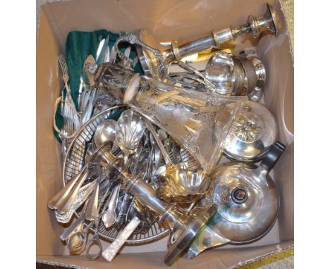 Plated ware - A pair of telescopic candle sticks; a n EPNS  and etched glass claret jug; flatware including a large ladle, ca