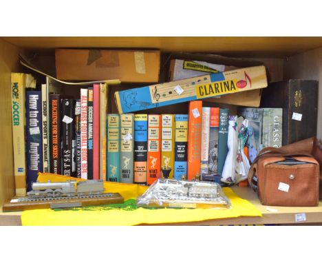 Boxes & Objects - a Clarina color Clarinet;  Bluebird Stockings advertising sheets;  pewter Trains, chess set, books etc qty