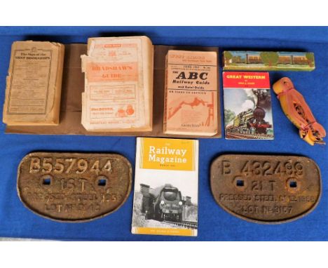 Railway Collectables, to include 2 vintage wagon plates, boxed souvenir GWR soaps, 1961 Bradshaw's Guide, bundle of GWR webbi