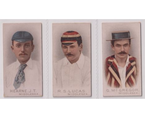 Cigarette cards, Wills, Cricketers (1896) 3 type cards, Middlesex, Hearne J T, R S Lucas &amp; G McGregor (gen gd)