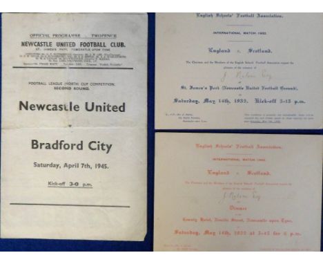 Football memorabilia, Newcastle United, two invitation tickets for the England v Scotland Schools Match played at St James's 