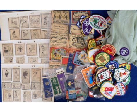 Collectables, Scouting, Matchbooks and Match Box Labels, WW2 Cartoons, to include a 1970s Boy Scout's shirt, 29 loose badges 